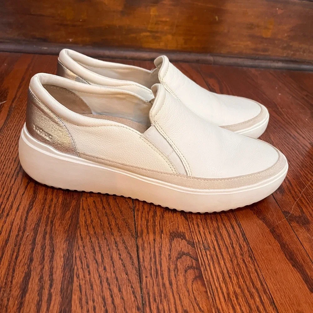 Vionic Kearny Womens 9 Cream Leather Metallic Silver Slip On Platform Sneakers - Picture 9 of 11